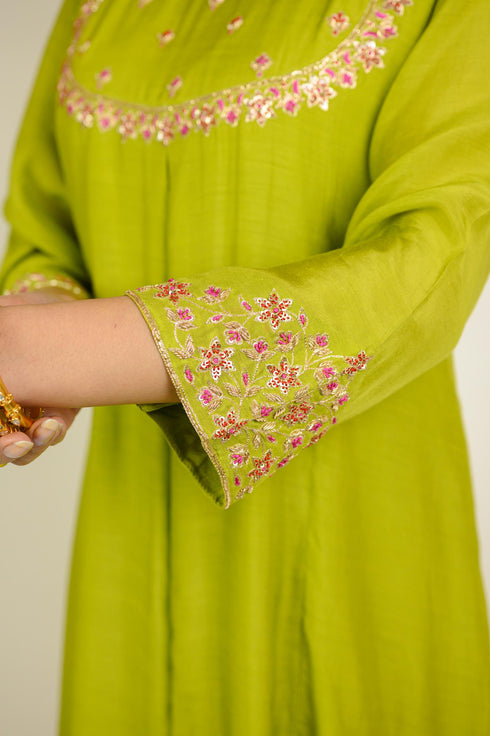 Lime Angarkha Embroidered Kurta Set