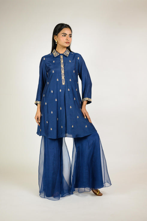 Navy Embroidered Tunic with Organza Sharara