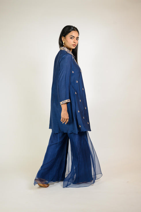 Navy Embroidered Tunic with Organza Sharara