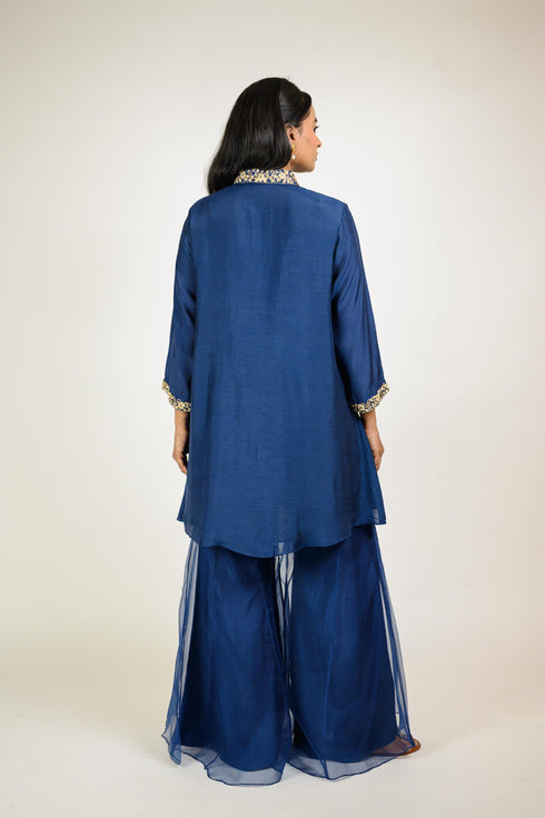 Navy Embroidered Tunic with Organza Sharara