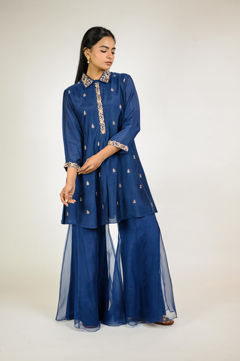Navy Embroidered Tunic with Organza Sharara