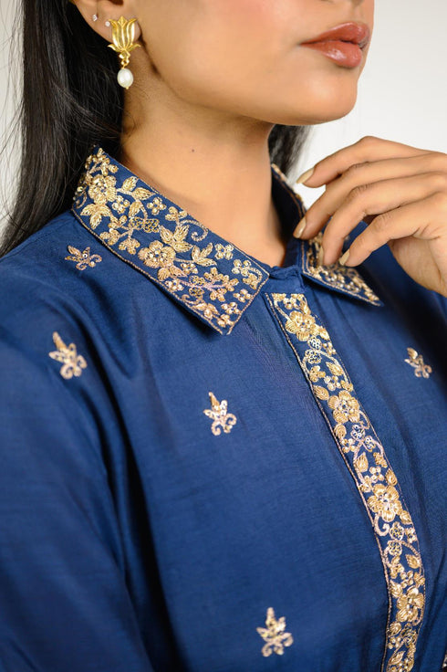 Navy Embroidered Tunic with Organza Sharara