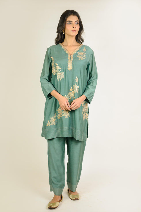 Jade Embroidered Cotton Silk Co-ord Set
