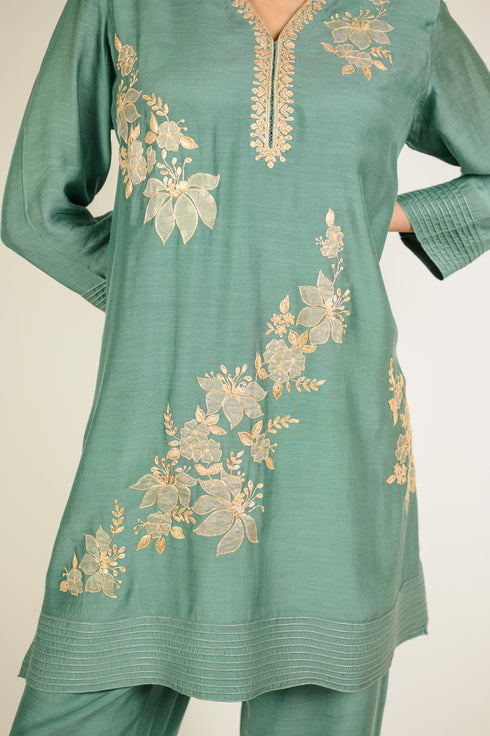 Jade Embroidered Cotton Silk Co-ord Set