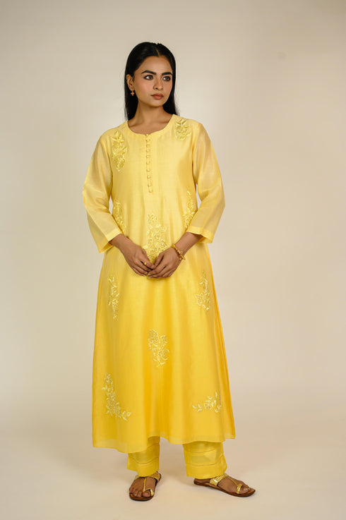 Warm Yellow Ombre Appliqué Kurta Set