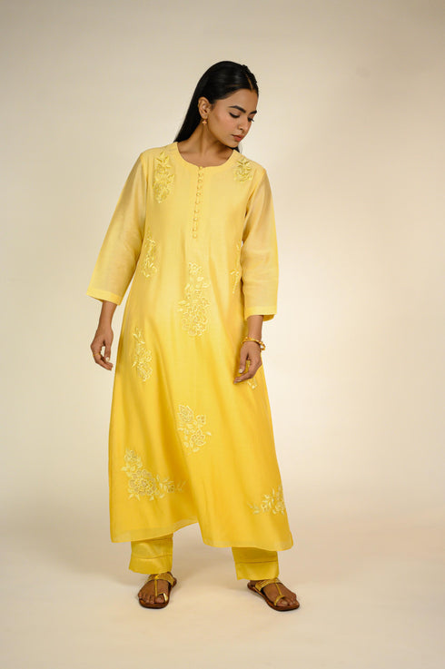 Warm Yellow Ombre Appliqué Kurta Set
