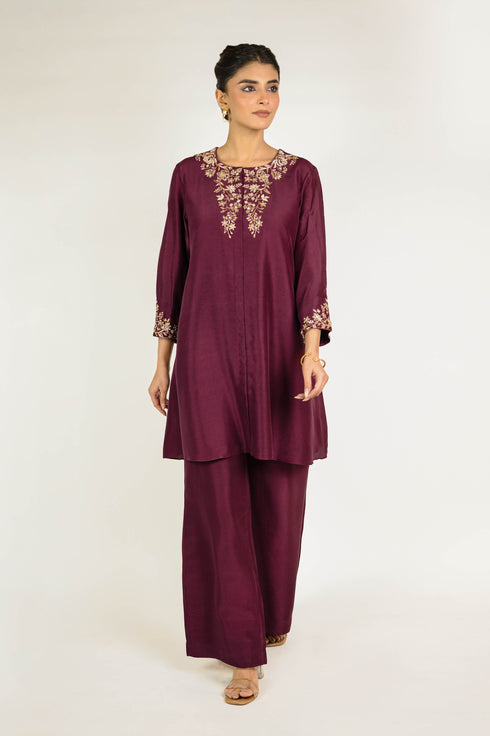 Marsala Embroidered Silk Co-ord Set