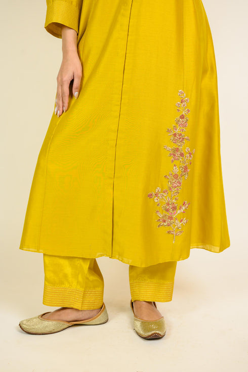 Mustard Kali Chanderi Kurta Set