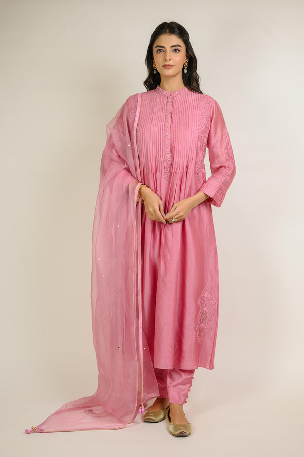 Rose Pink Jaal Embroidered Chanderi Kurta Set