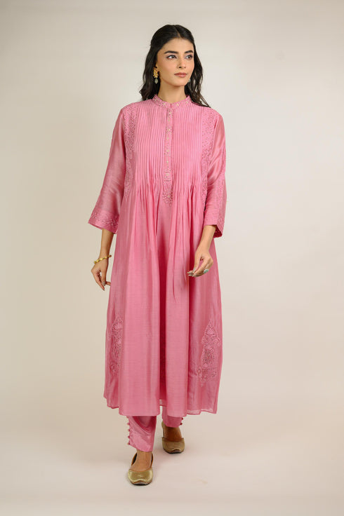 Rose Pink Jaal Embroidered Chanderi Kurta Set