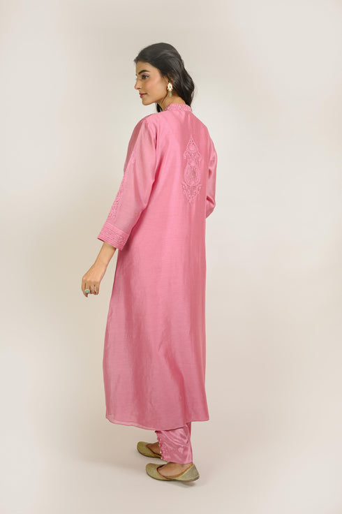 Rose Pink Jaal Embroidered Chanderi Kurta Set