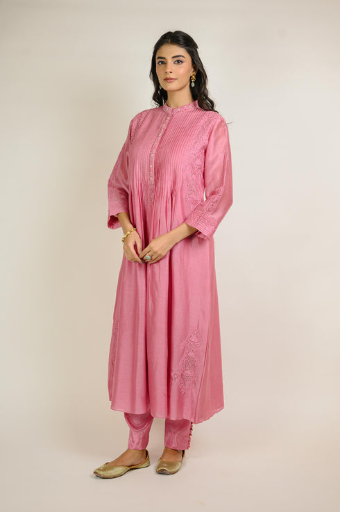 Rose Pink Jaal Embroidered Chanderi Kurta Set