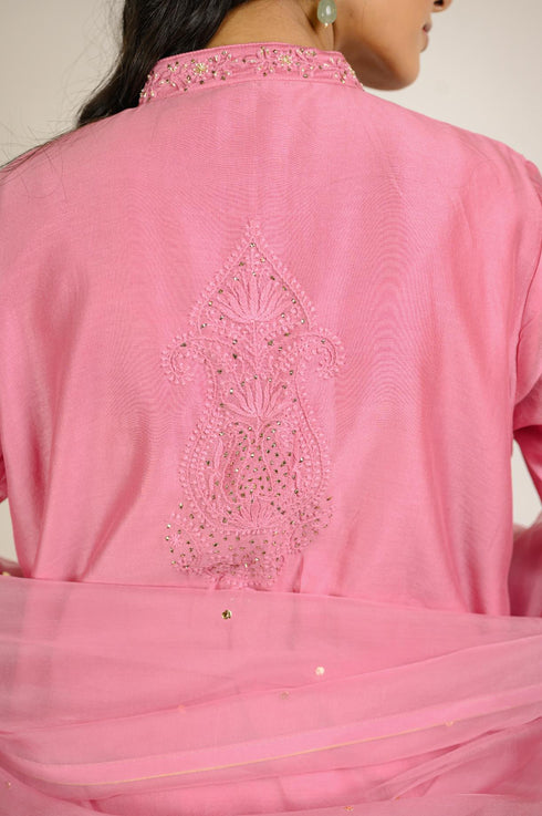 Rose Pink Jaal Embroidered Chanderi Kurta Set