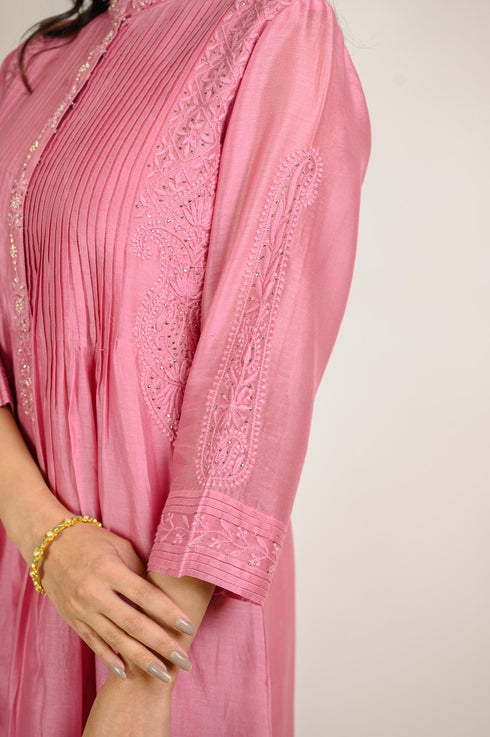 Rose Pink Jaal Embroidered Chanderi Kurta Set