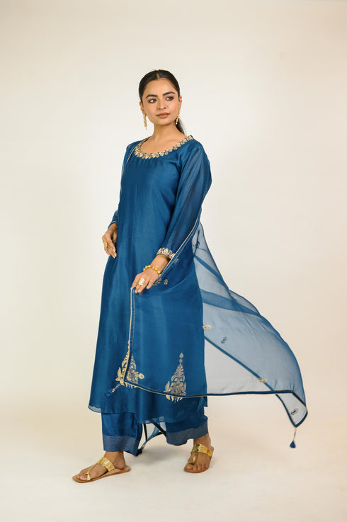 Midnight Blue Embroidered Border Kurta Set