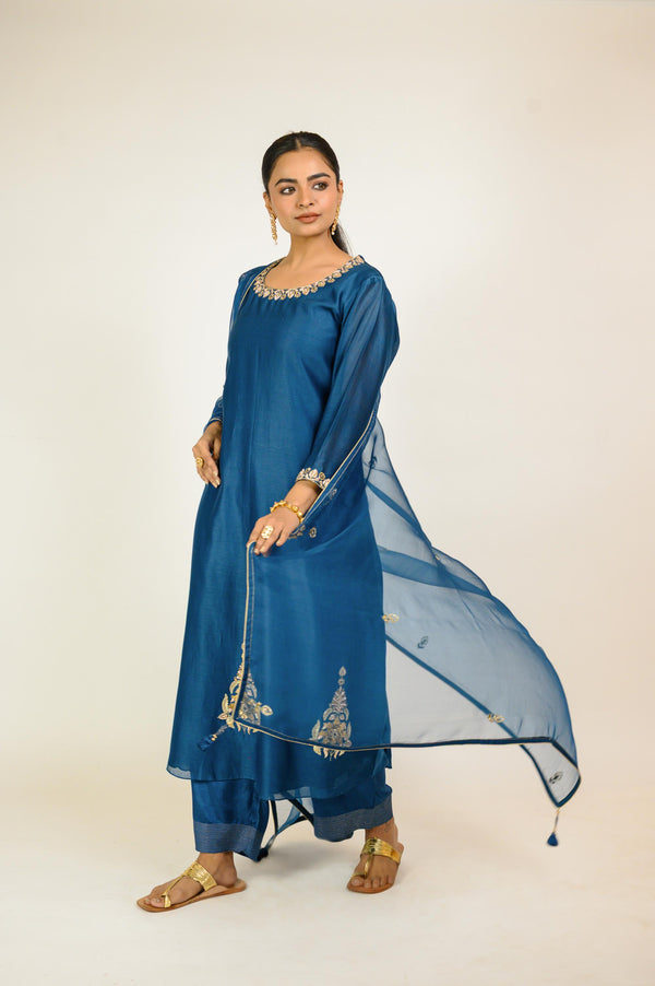 Midnight Blue Embroidered Border Kurta Set