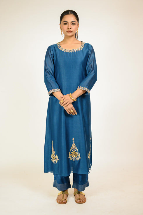Midnight Blue Embroidered Border Kurta Set