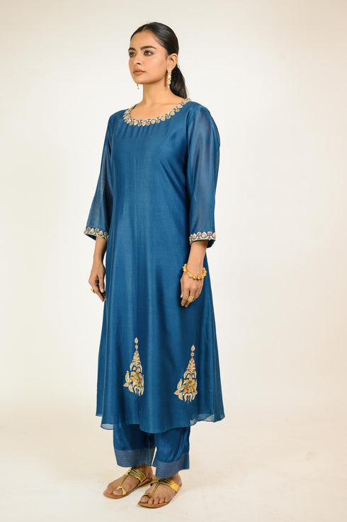 Midnight Blue Embroidered Border Kurta Set