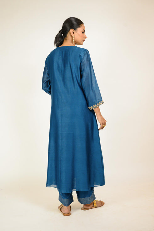 Midnight Blue Embroidered Border Kurta Set