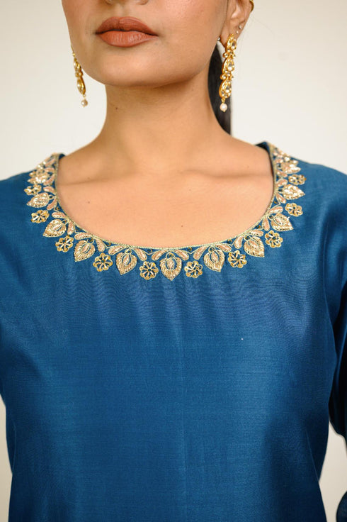 Midnight Blue Embroidered Border Kurta Set