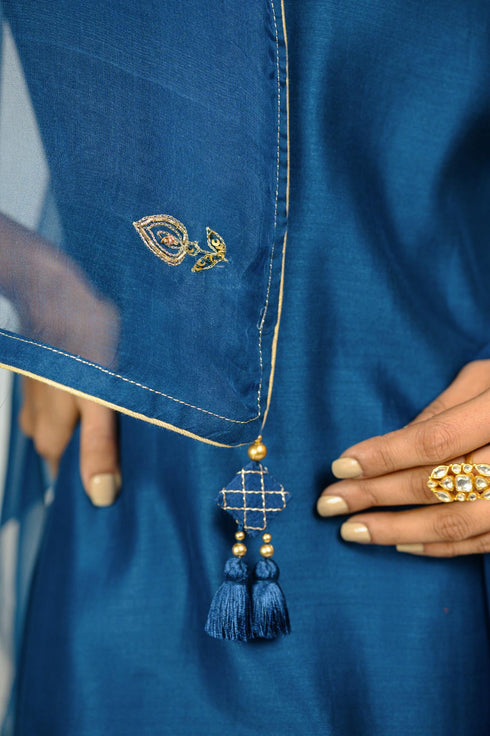 Midnight Blue Embroidered Border Kurta Set