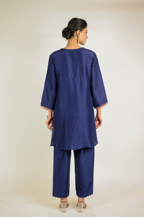 Navy Fish Motif Embroidered Silk Co-ord Set