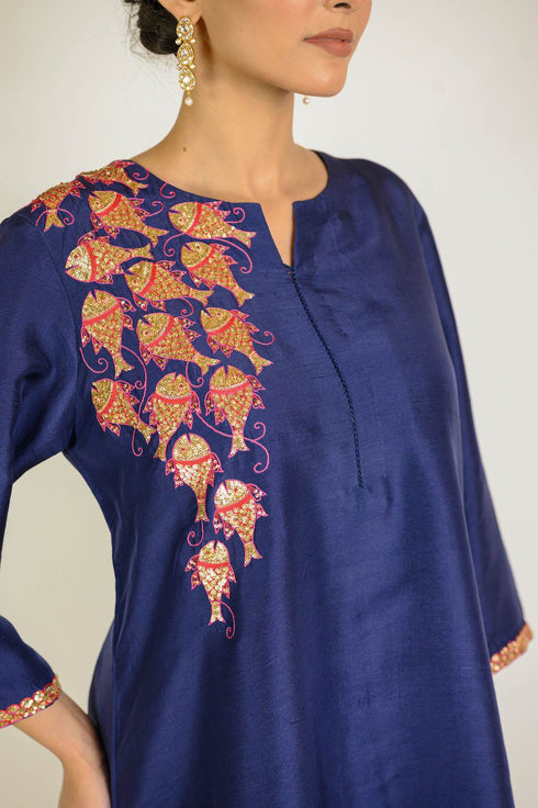Navy Fish Motif Embroidered Silk Co-ord Set