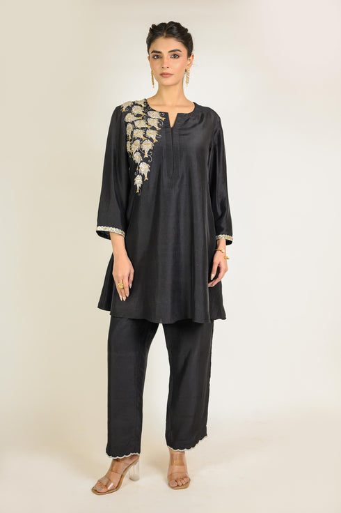 Black Fish Motif Embroidered Silk Co-ord Set