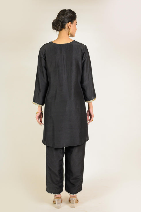 Black Fish Motif Embroidered Silk Co-ord Set