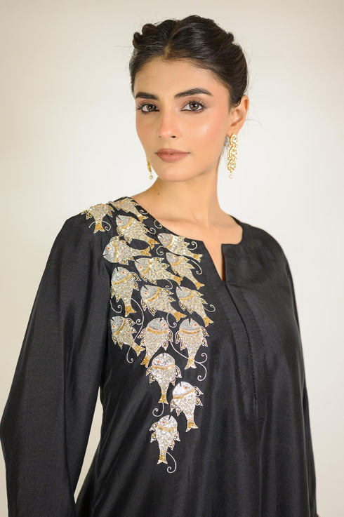 Black Fish Motif Embroidered Silk Co-ord Set
