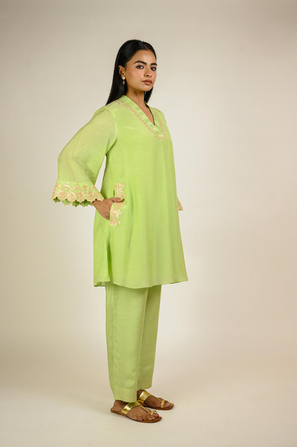Lime Cotton Silk Embroidered Co-ord Set