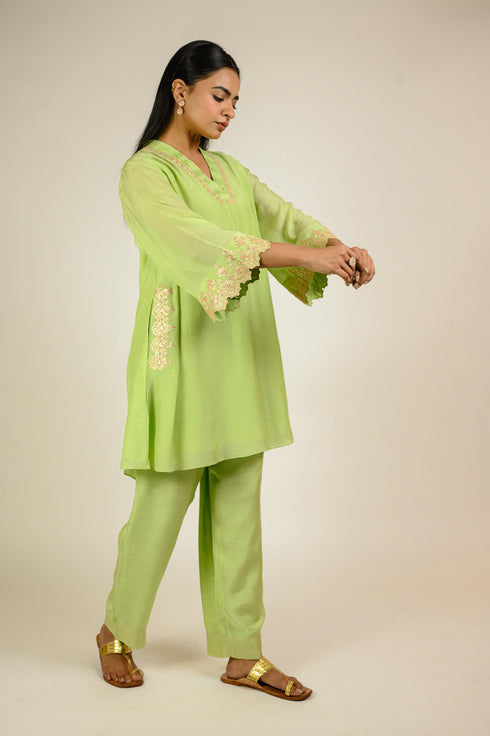 Lime Cotton Silk Embroidered Co-ord Set