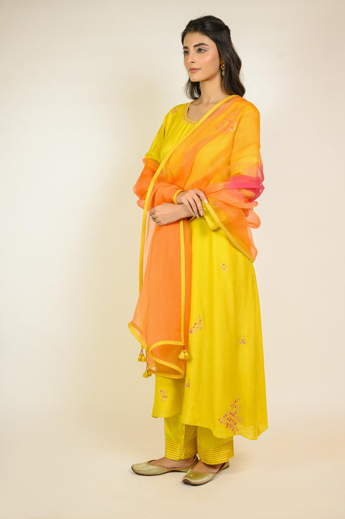 Mustard Floral Cotton Silk Kurta Set