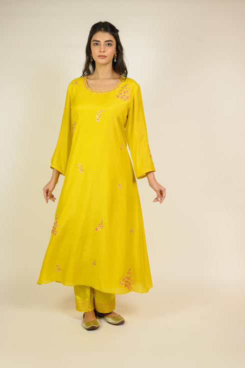 Mustard Floral Cotton Silk Kurta Set