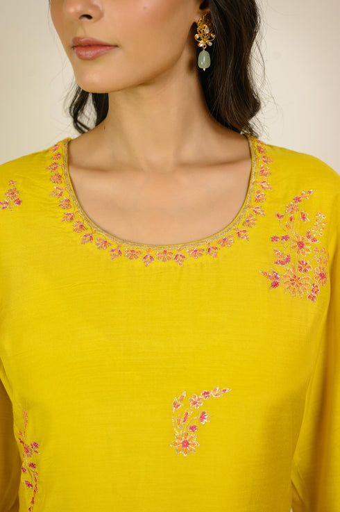 Mustard Floral Cotton Silk Kurta Set