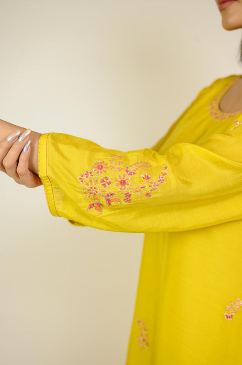 Mustard Floral Cotton Silk Kurta Set