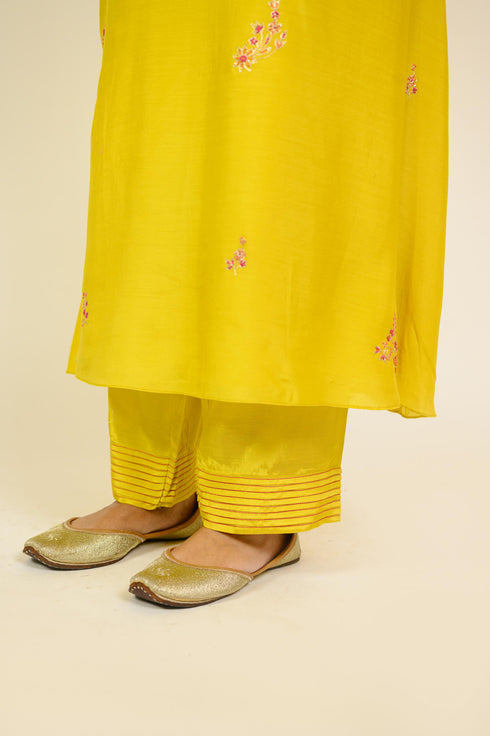 Mustard Floral Cotton Silk Kurta Set