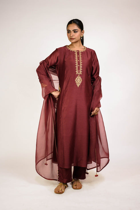 Terracotta Embroidered Chanderi Suit Set