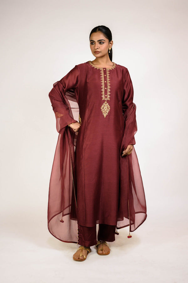 Terracotta Embroidered Chanderi Suit Set