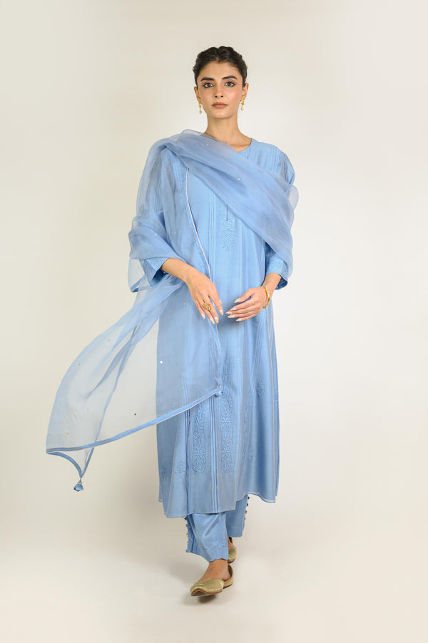 Stone Blue Chikan Mukaish Kurta Set