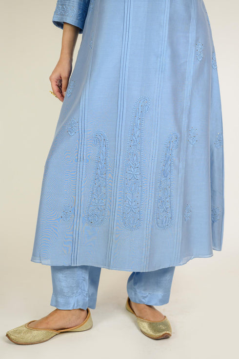 Stone Blue Chikan Mukaish Kurta Set