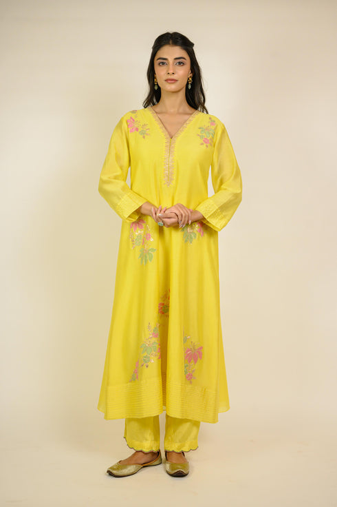 Lemon Appliqué Chanderi Kurta Set