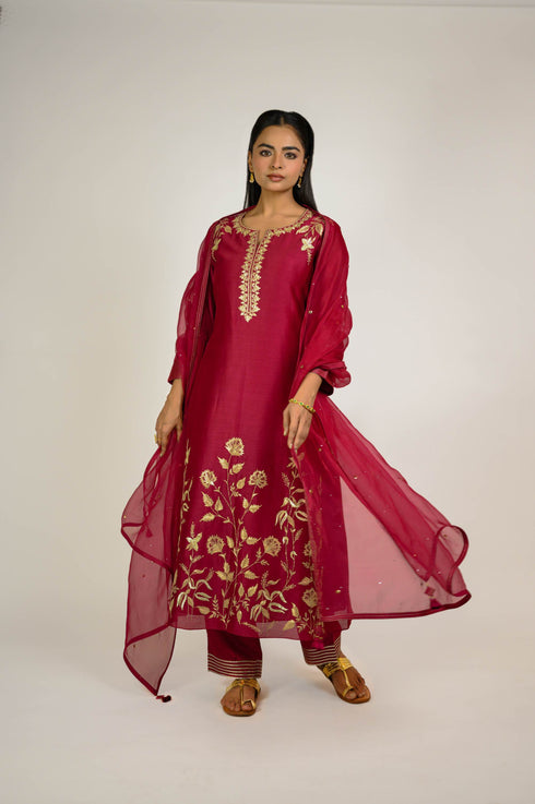 Bright Red Floral Boota Chanderi Kurta Set