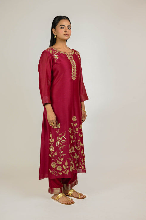 Bright Red Floral Boota Chanderi Kurta Set