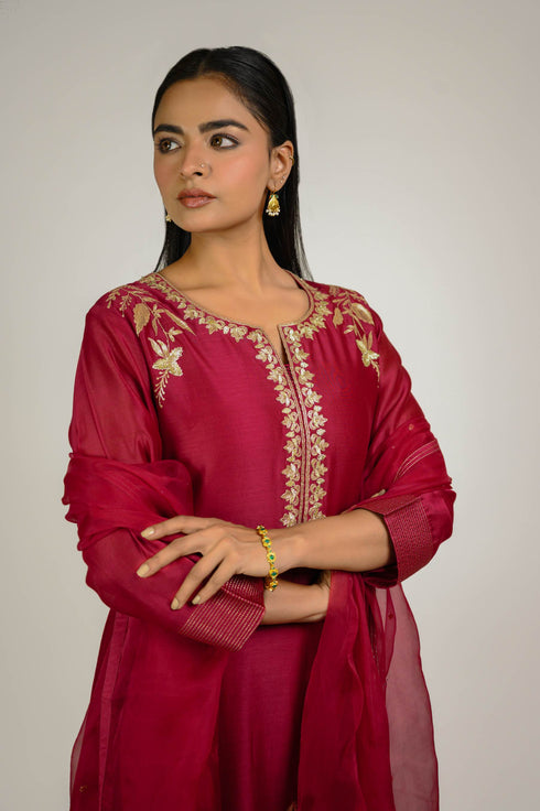 Bright Red Floral Boota Chanderi Kurta Set