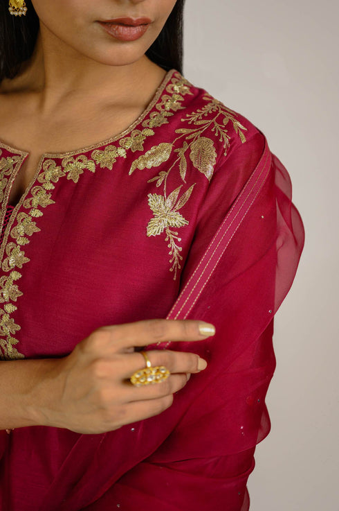 Bright Red Floral Boota Chanderi Kurta Set