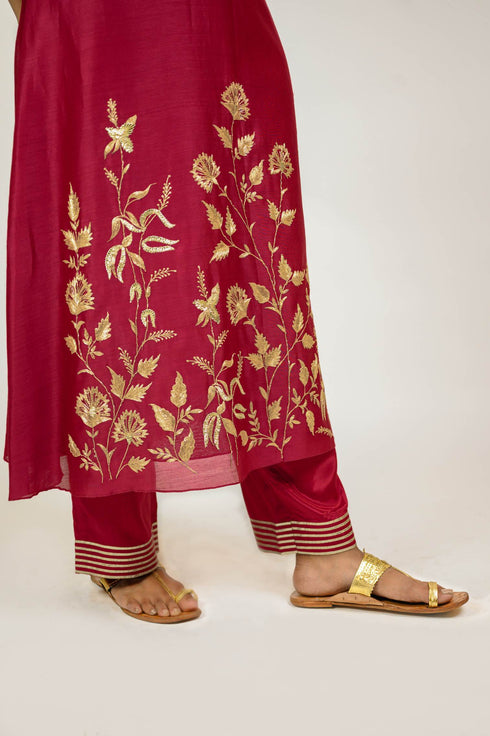 Bright Red Floral Boota Chanderi Kurta Set