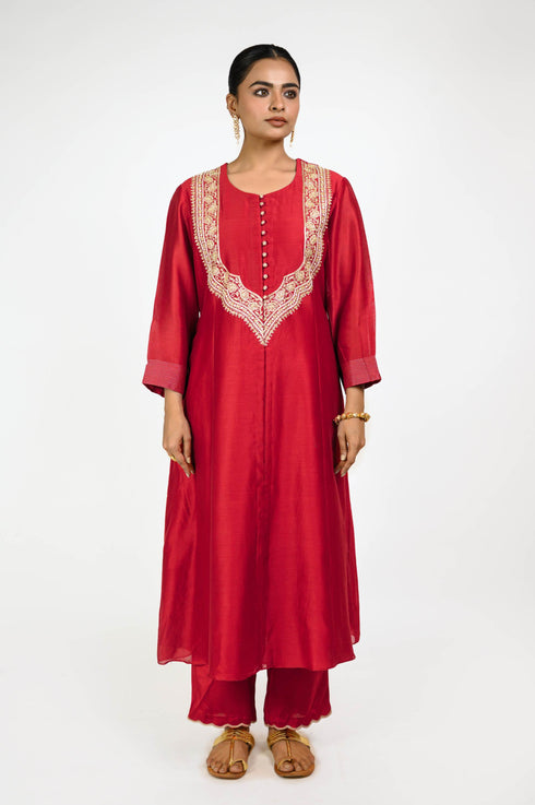 Red Mehrab Yoke Chanderi Kurta Set