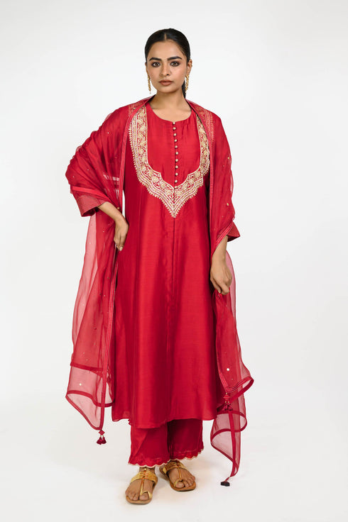 Red Mehrab Yoke Chanderi Kurta Set