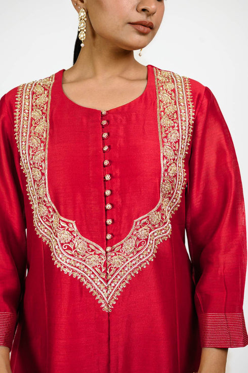 Red Mehrab Yoke Chanderi Kurta Set
